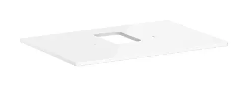 Weiße Konsole von Hansgrohe mit mittigem Ausschnitt und zwei vorgebohrten Löchern für einen Aufsatzwaschtisch. Flache, klare Oberfläche ohne Verzierungen.